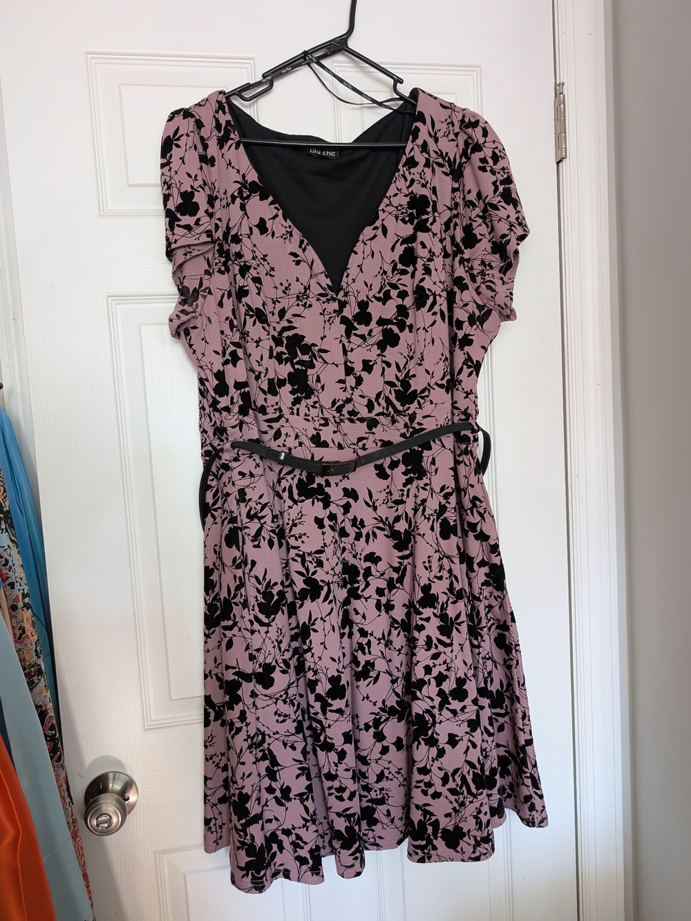 City Chic Mauve Pink Floral Wrap Midi Dress with Black Print 2XL/22